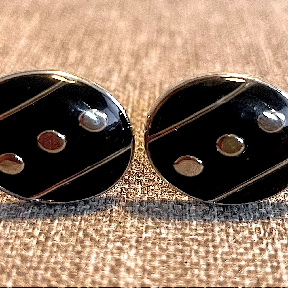 Black Oval Enamel Cufflinks w “Dot” Pattern Silver & Black! Stocking Stuffer!